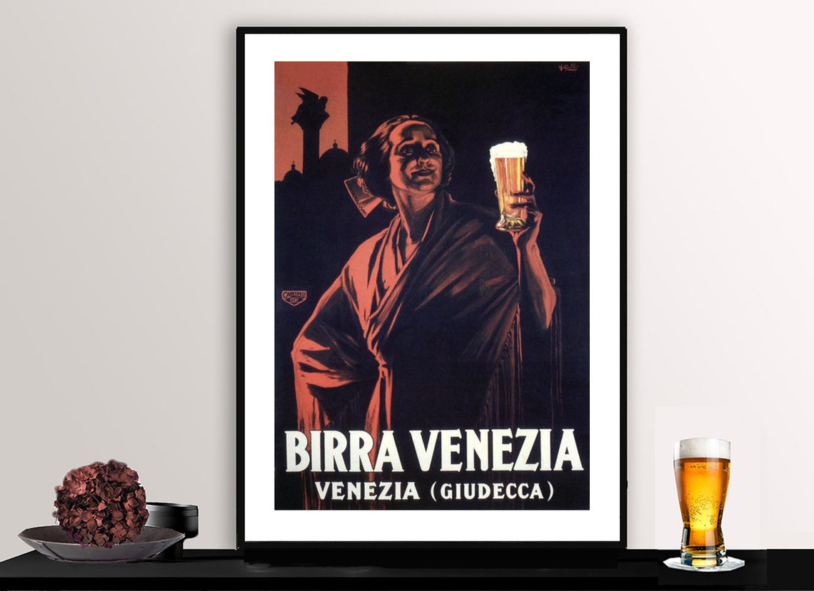 Birra Venezia Giudecca Venetian Woman with Beer Glass Vintage Poster