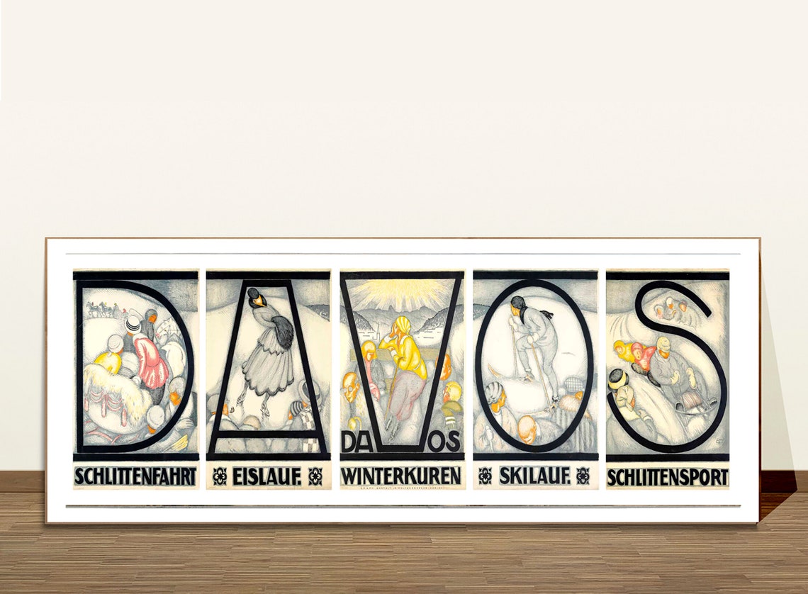 Davos Panoramic Five Panel Winter Sports Vintage Swiss Poster
