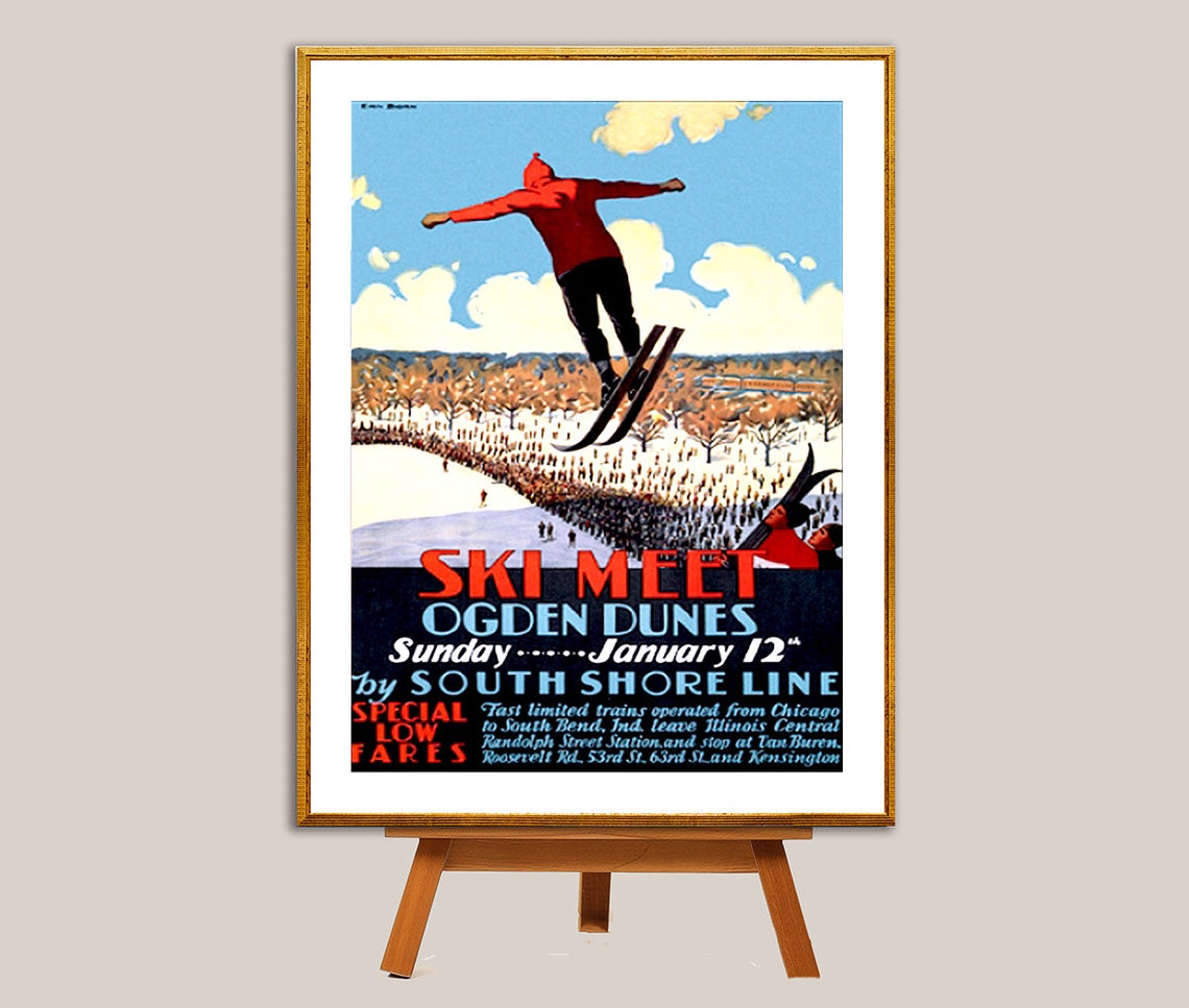 Ski Meet Ogden Dunes South Shore Line Vintage Ski Jump Poster