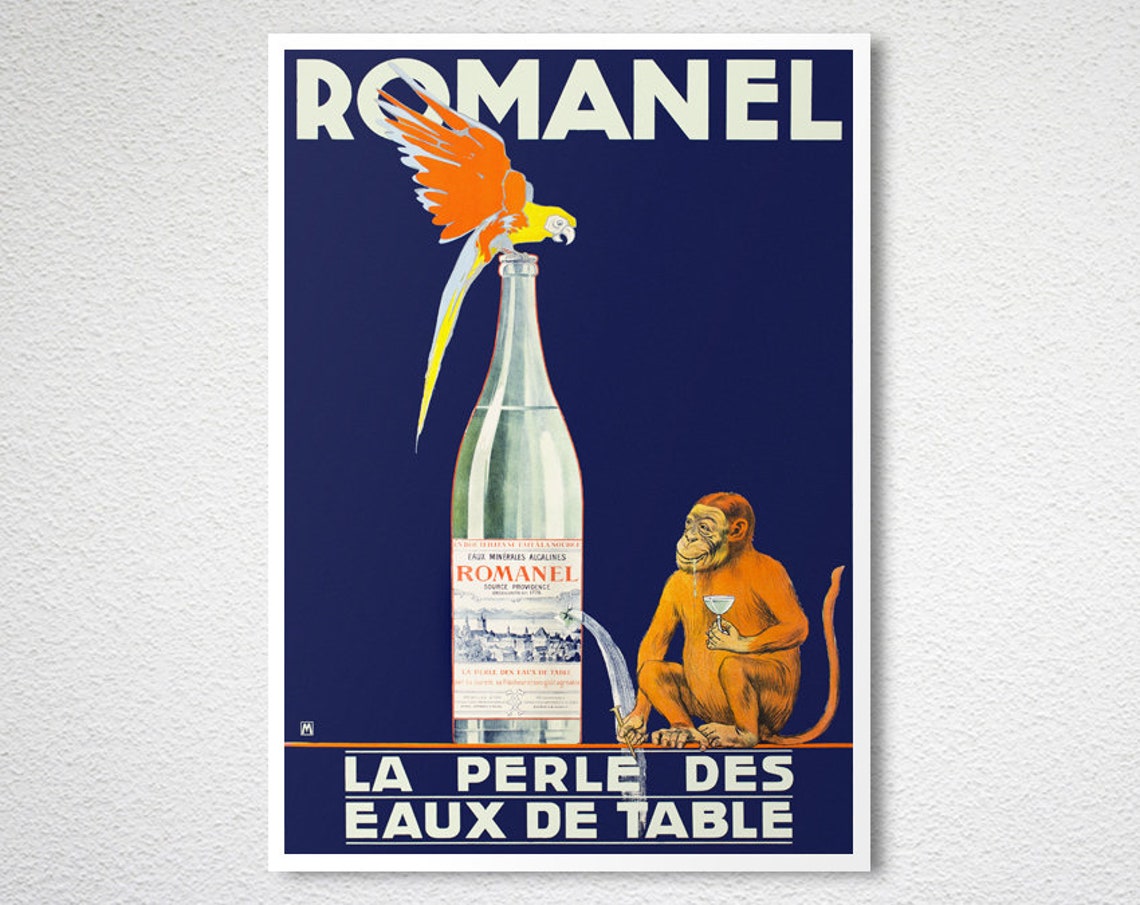 Romanel Table Water Vintage French Poster Parrot Monkey and Bottle - Image 2