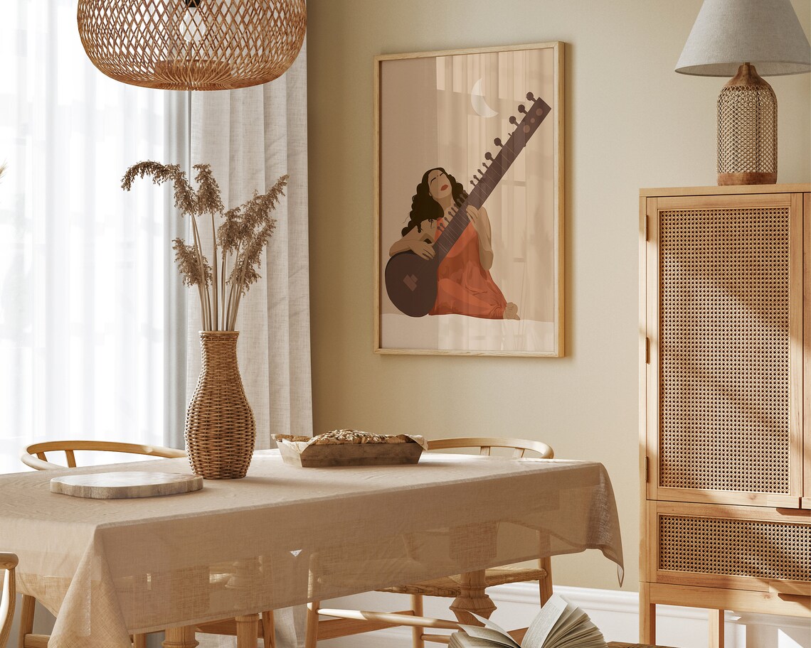 Indian Woman Playing Sitar, Indian Art Print - Image 6