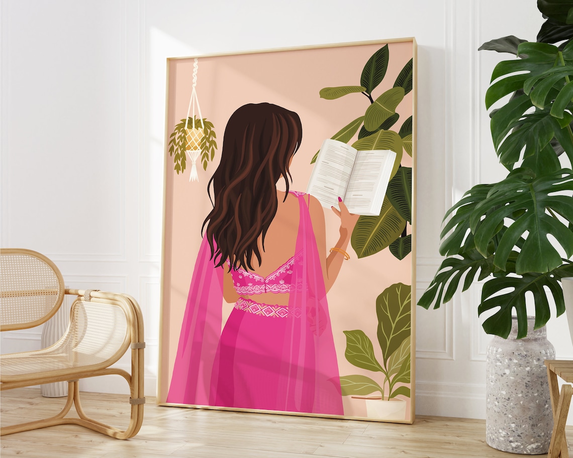 Indian Women In Saree Reading Book Art Print - Image 2