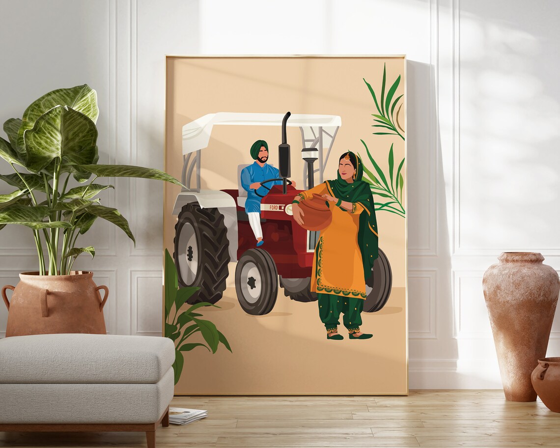 Punjabi Couple Working In Fields, Indian Art Print - Image 3
