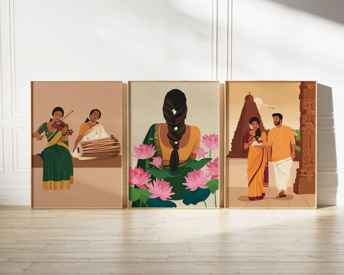 Indian Sisters Playing Violin And Tanpura Art Desi Art South Indian Art South Asian Musical Instrument Tamil Girl Gift For Musician - Image 3