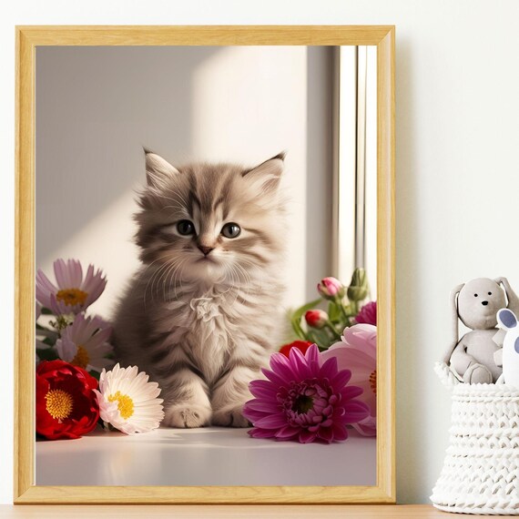 Fluffy Tabby Kitten Sitting Among Colorful Flowers In Window Light Print