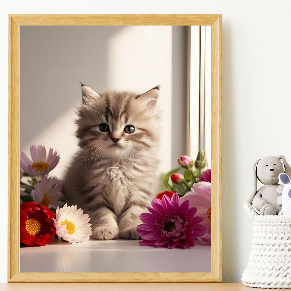 Fluffy Tabby Kitten Sitting Among Colorful Flowers In Window Light Print
