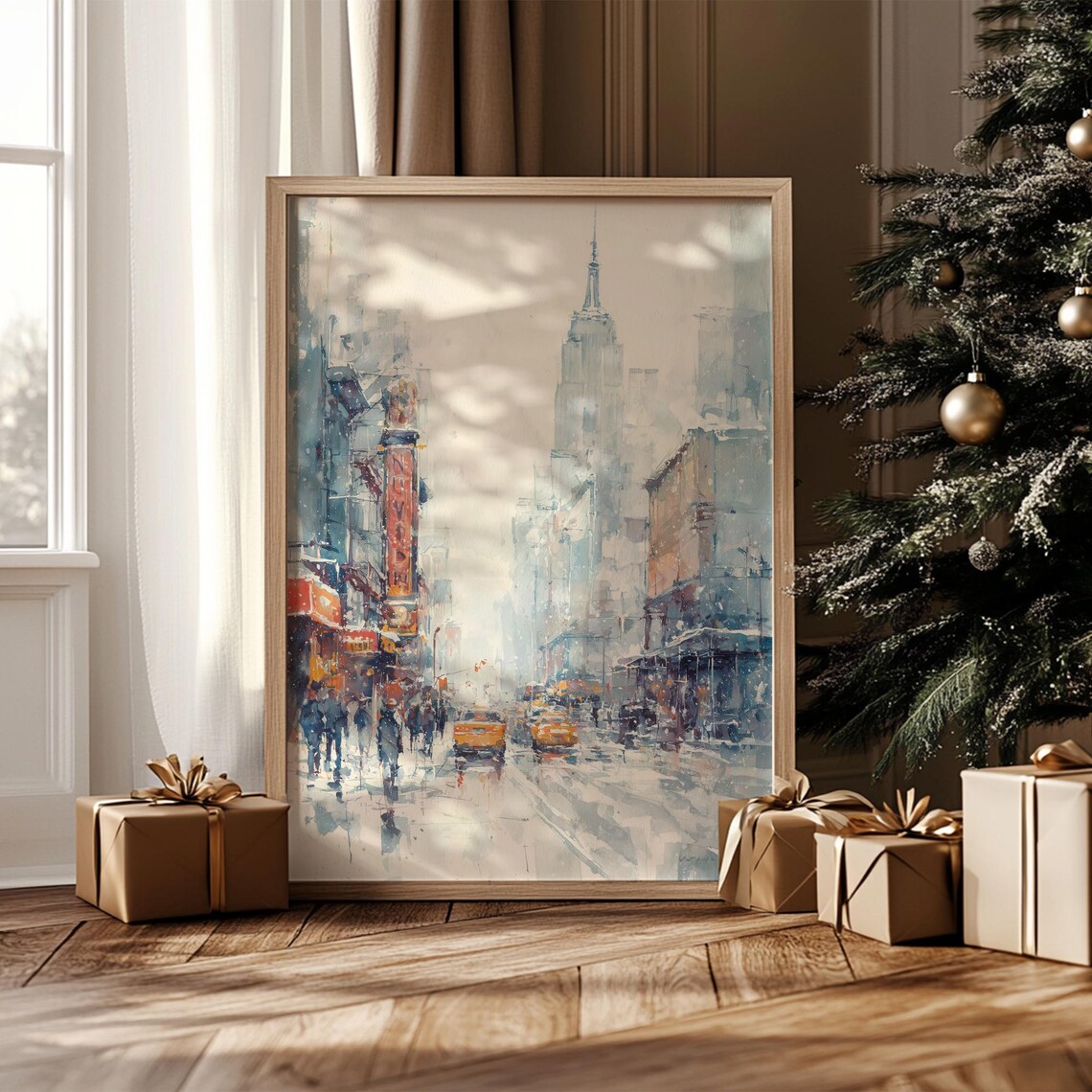 Snowy New York City Street Empire State Winter Watercolor Poster