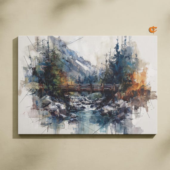 Rustic Watercolor Bridge Landscape Mountain Forest Scene Tranquil Nature Art Calm River With Wooden Wall Decor 948