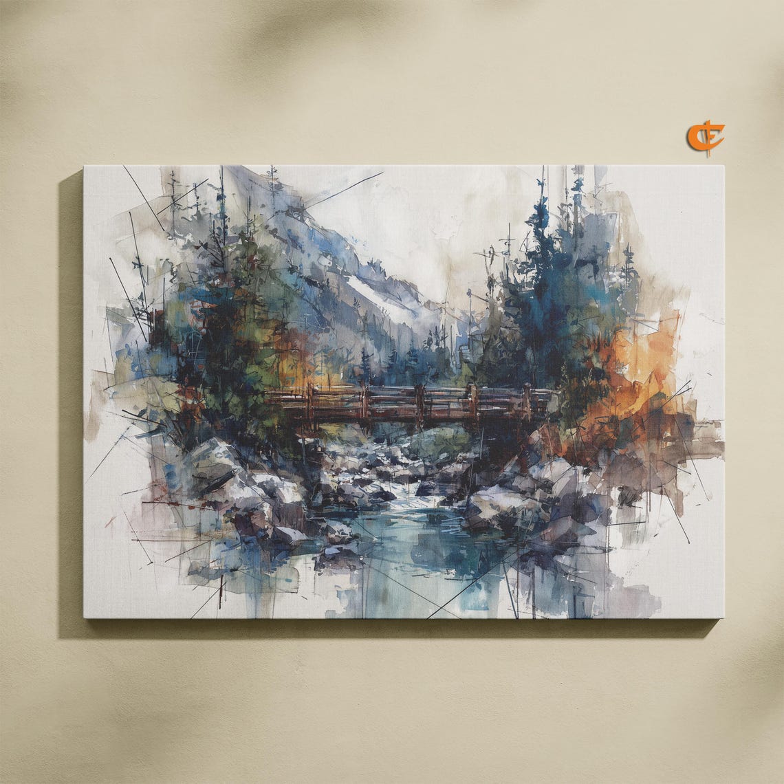 Rustic Wooden Bridge Over a Rocky Stream Watercolor Forest Poster
