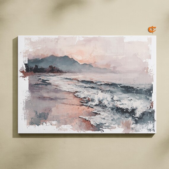 Misty Pastel Shoreline Mountain Seascape Soft Blush Ocean Waves Poster
