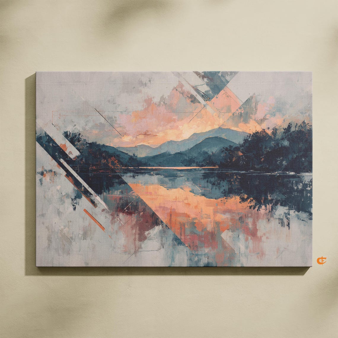 Abstract Sunset Lake Reflection with Geometric Mountain Poster