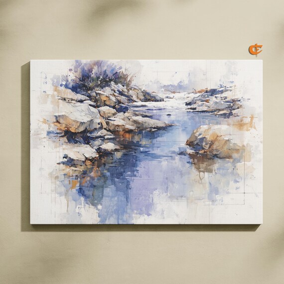 Serene Quiet Cove Tranquil Watercolor Landscape Moody Blue Tones Rustic Wall Art Peaceful Nature Scene 989
