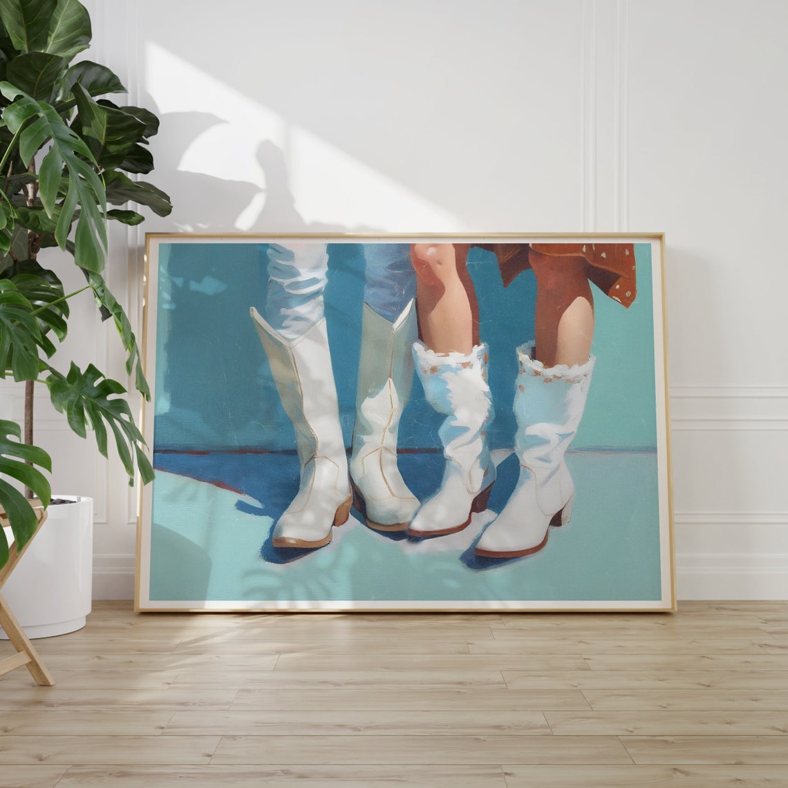 Preppy Western Wall Art Cowboy Boots Print Trendy Oil Painting Baby Blue Art Print Preppy Coastal Cowgirl Wall Art Instant
