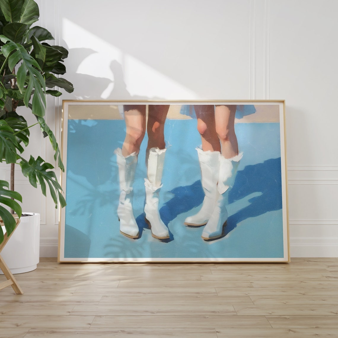 Preppy Cowgirl Wall Art Baby Blue And White Oil Painting Preppy Cowboy Boots Print Trendy Coastal Cowgirl Aesthetic Instant