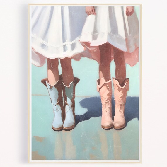 Two Cowgirls White And Peach Boots Aqua Background Western Art Poster