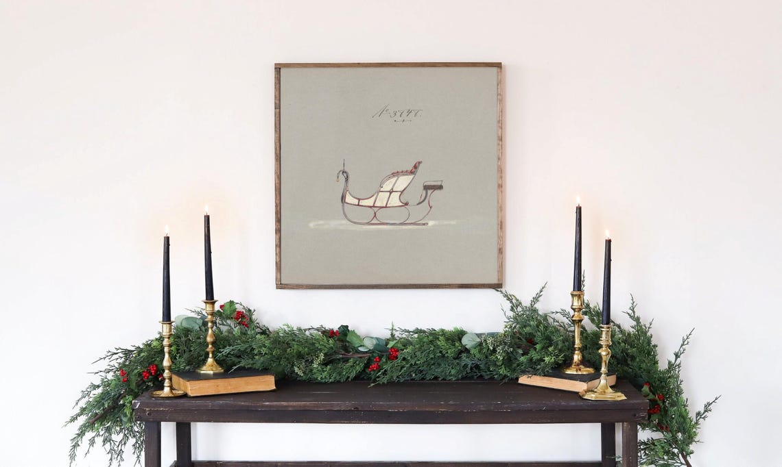 Vintage Cream Christmas Sleigh Art Holiday Vintage Art Print Red Antique Sleigh Holiday Wall Art Holiday Antique Art Cream Sleigh