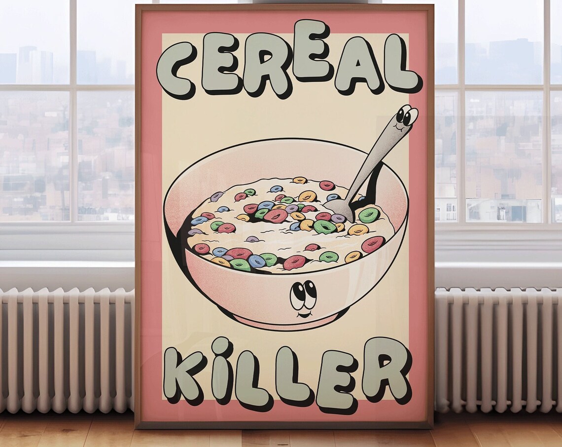 Cereal Killer Funny Retro Kitchen Cartoon Bowl Art Typography Poster