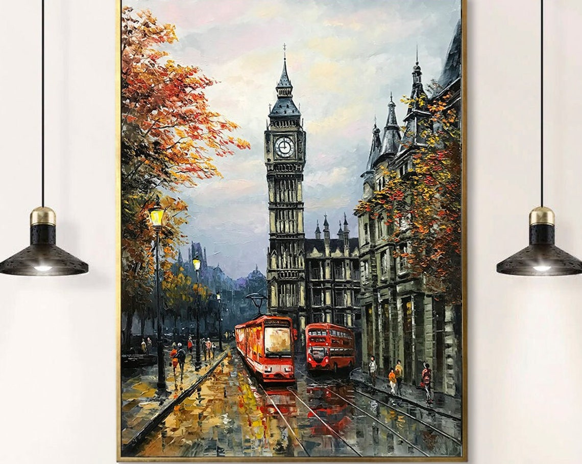 London Street Painting On London Scene Wall Art City Street View Painting Big Ben Art London Bus Oil Painting Original Artwork