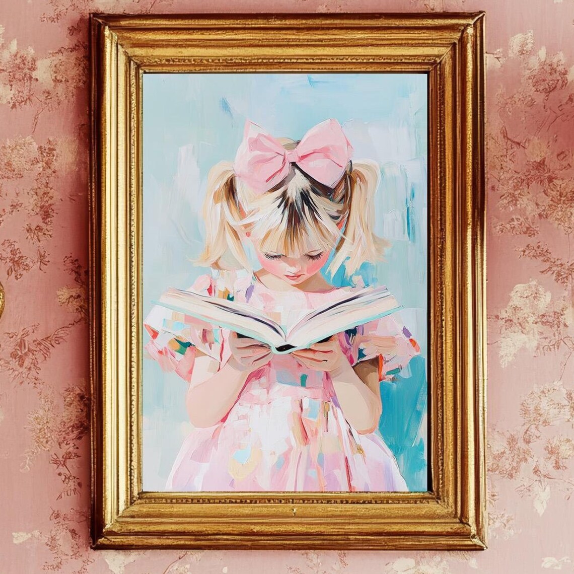 Blonde Girl With Pigtails Reading Book Pink Bow Nursery Art Poster - Image 4