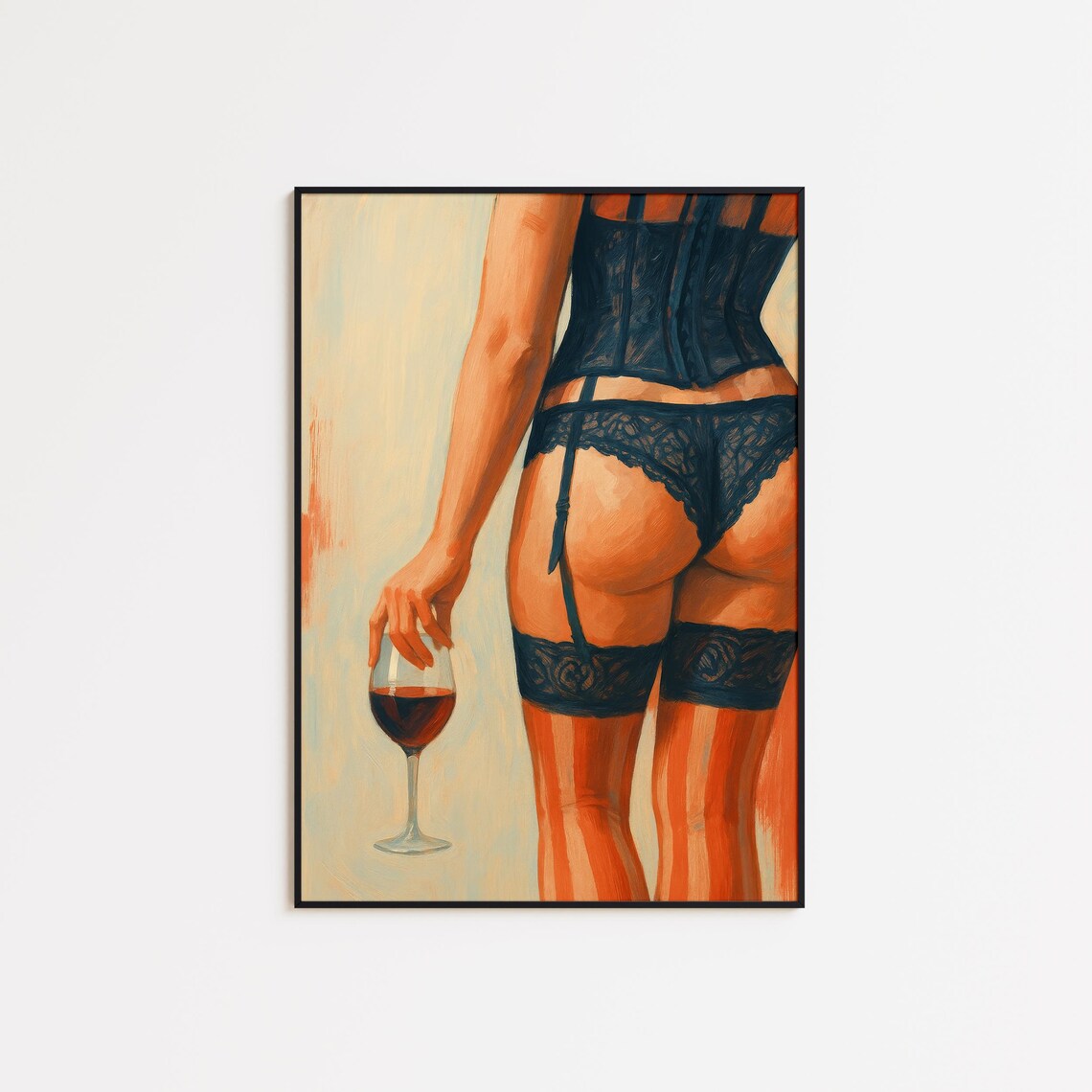 Vintage Lingerie Oil Painting Black Corset Wine Glass Retro Poster