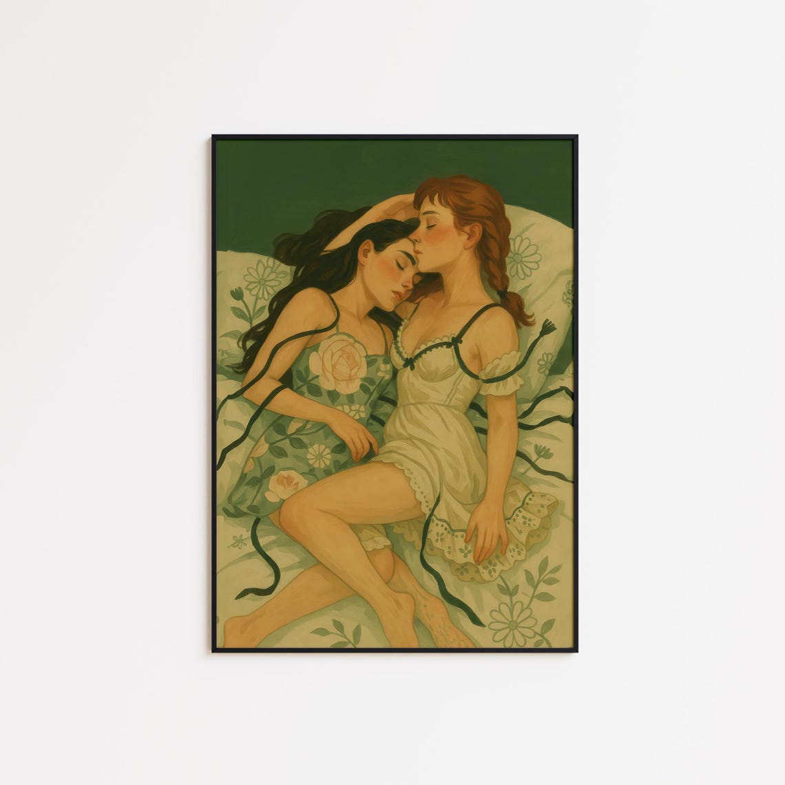 Sapphic Romance Two Women Embracing In Bed Green Tones Art Print