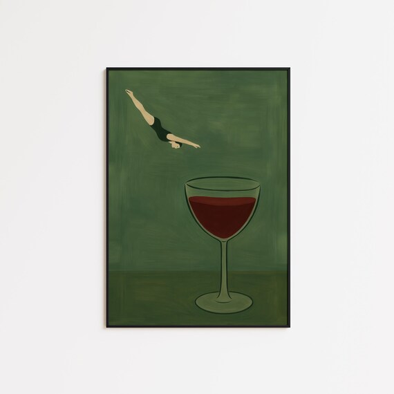 Diving Into Wine Glass Surreal Minimalist Green Bar Wall Poster