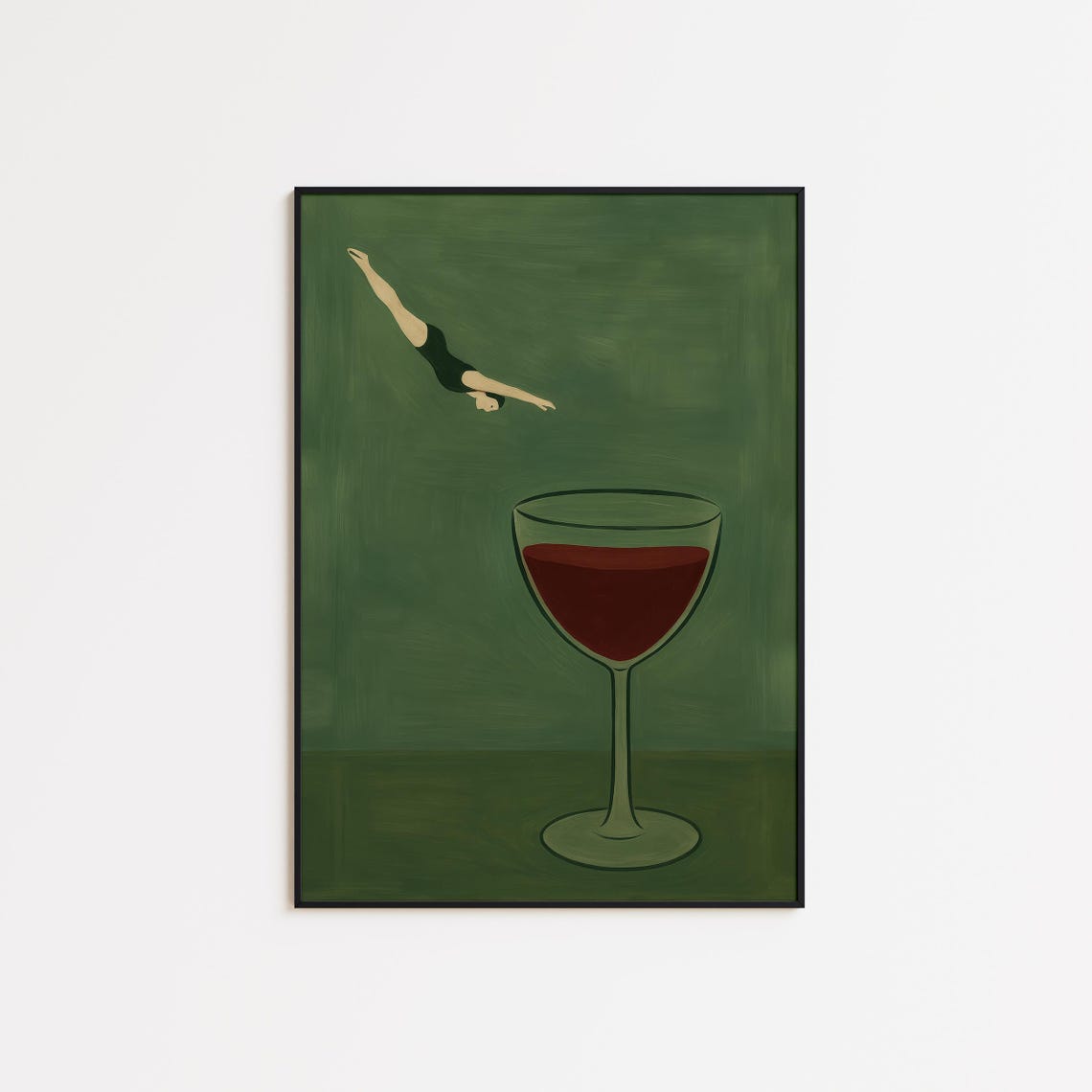Diving Into Wine Glass Surreal Minimalist Green Bar Wall Poster