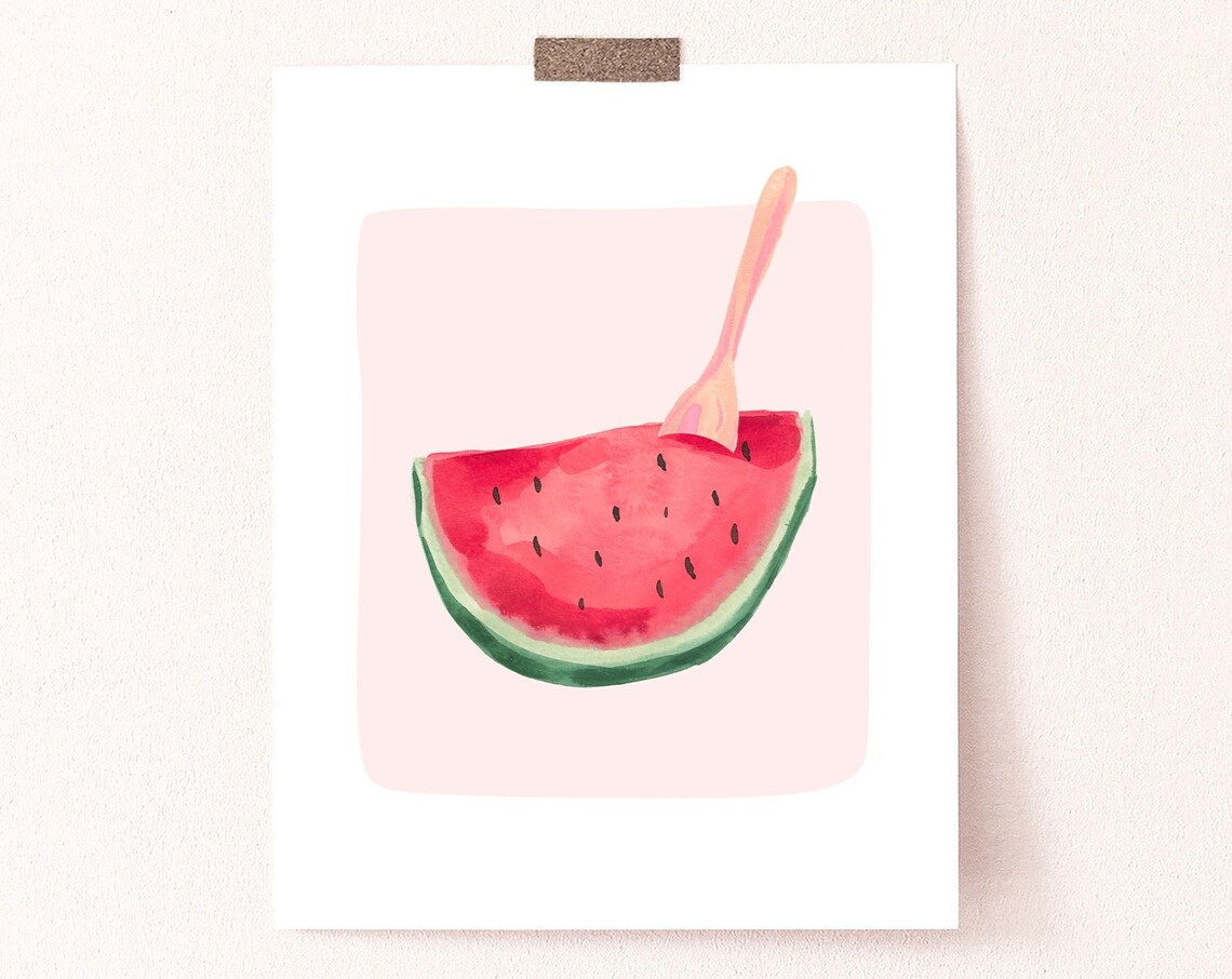 Watermelon Slice Wooden Spoon Pink Kitchen Watercolor Food Wall Art
