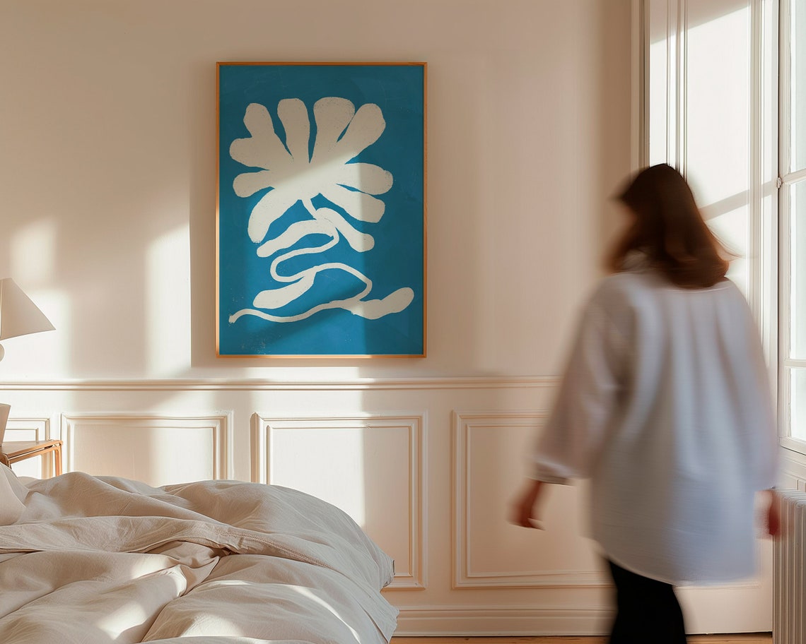 Cream Coral With Wavy Stalk On Ocean Blue Coastal Art Poster - Image 3