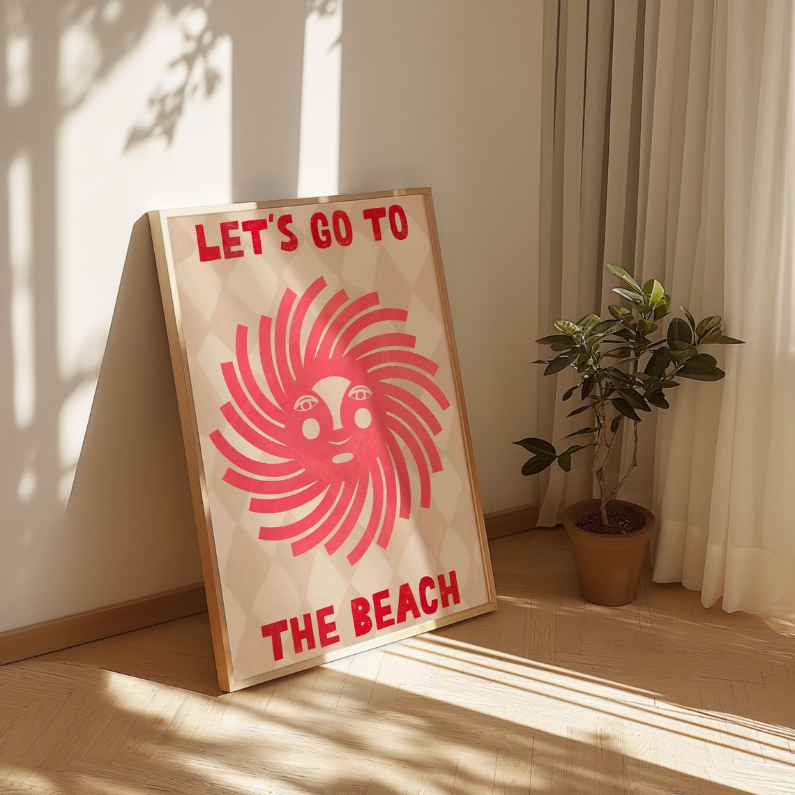 Lets Go To The Beach Retro Red Smiling Sun Face Summer Poster - Image 3