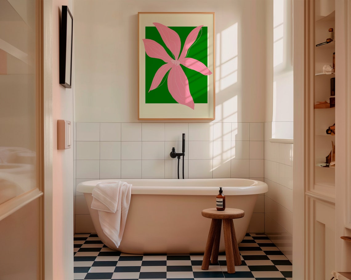 Pink Lily Blossom On Green Square Bold Floral Statement Poster - Image 2