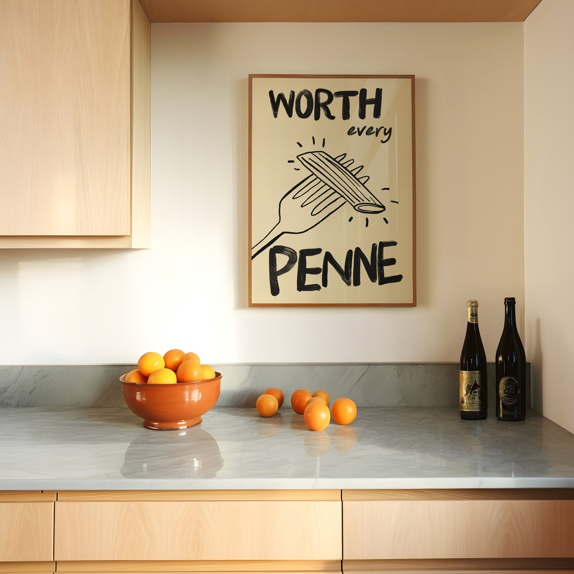 Worth Every Penne Black Ink Penne On Fork Cream Kitchen Poster - Image 3