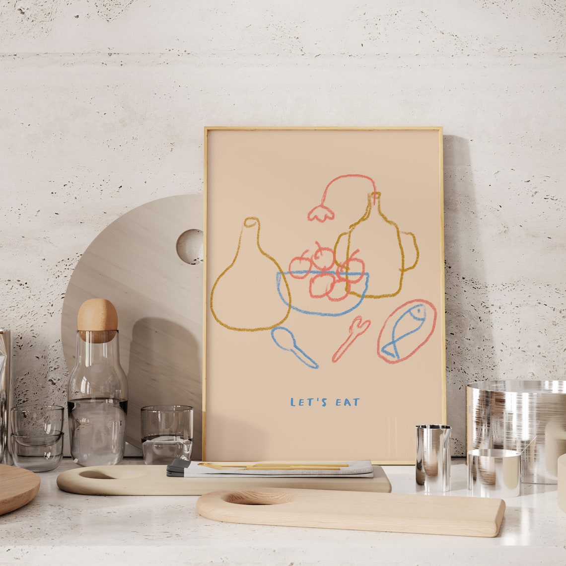 Lets Eat Colorful Doodle Kitchen Poster Bowls Fish And Bottles - Image 3