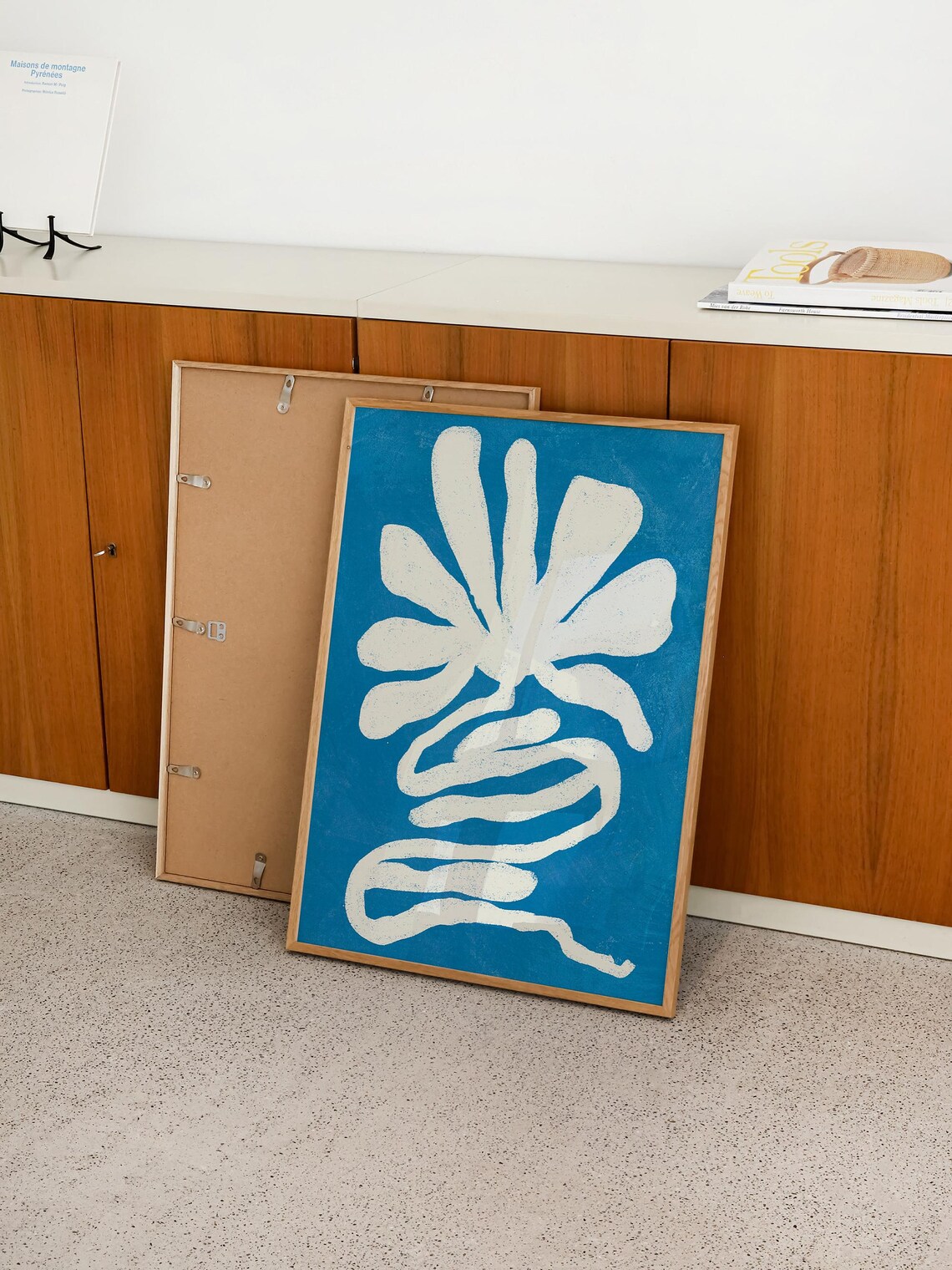 Cream Sea Flower With Curled Stem On Deep Teal Blue Art Poster - Image 2