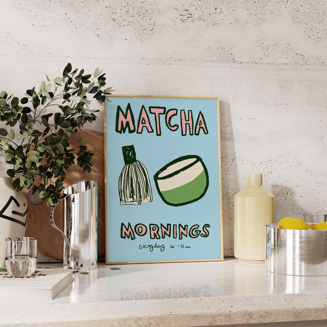 Matcha Mornings Whisk And Bowl Green Pink On Blue Cafe Poster - Image 3