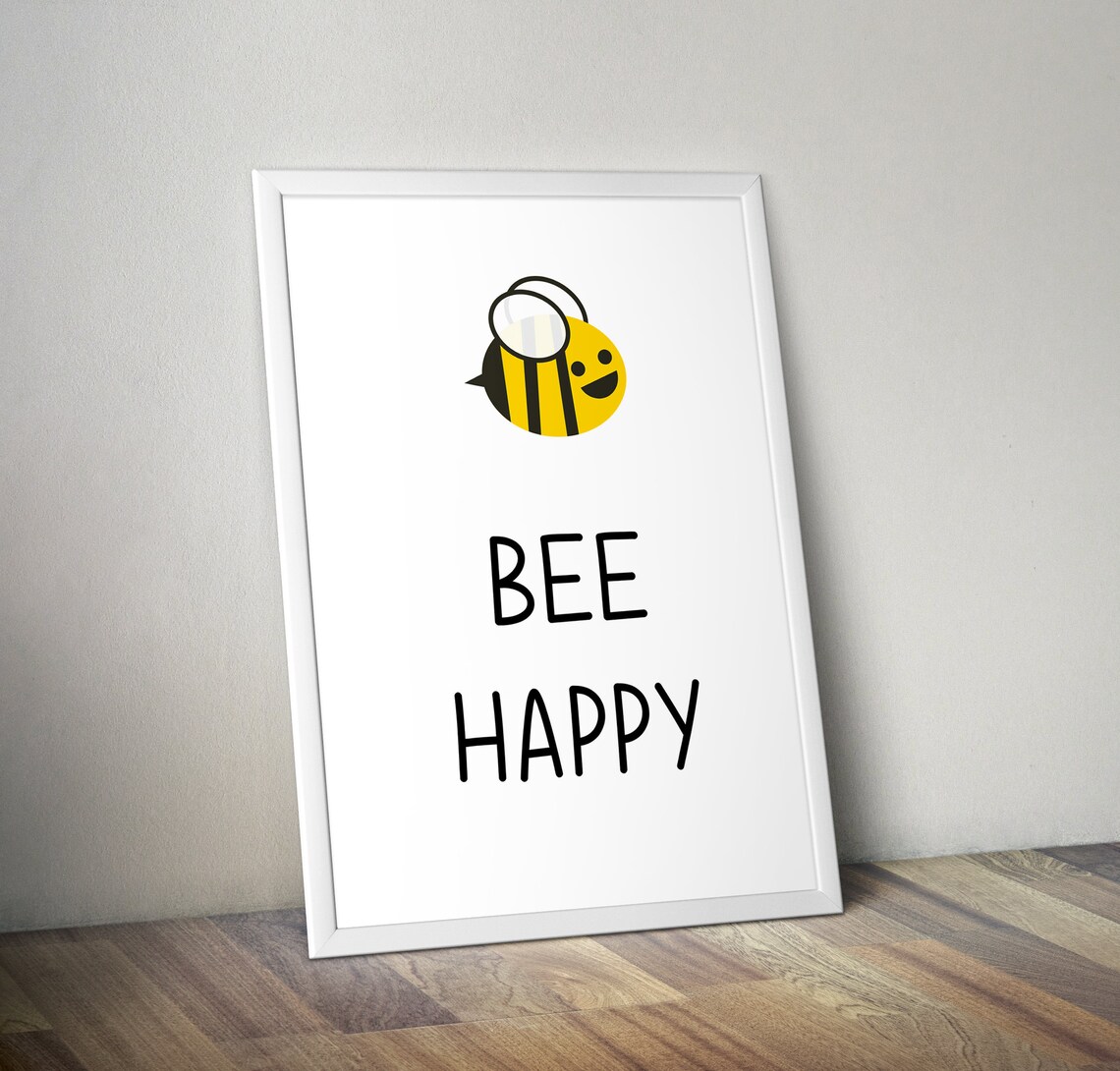 Bee Happy Cute Cartoon Bee Pun Kids Room Nursery Quote Poster