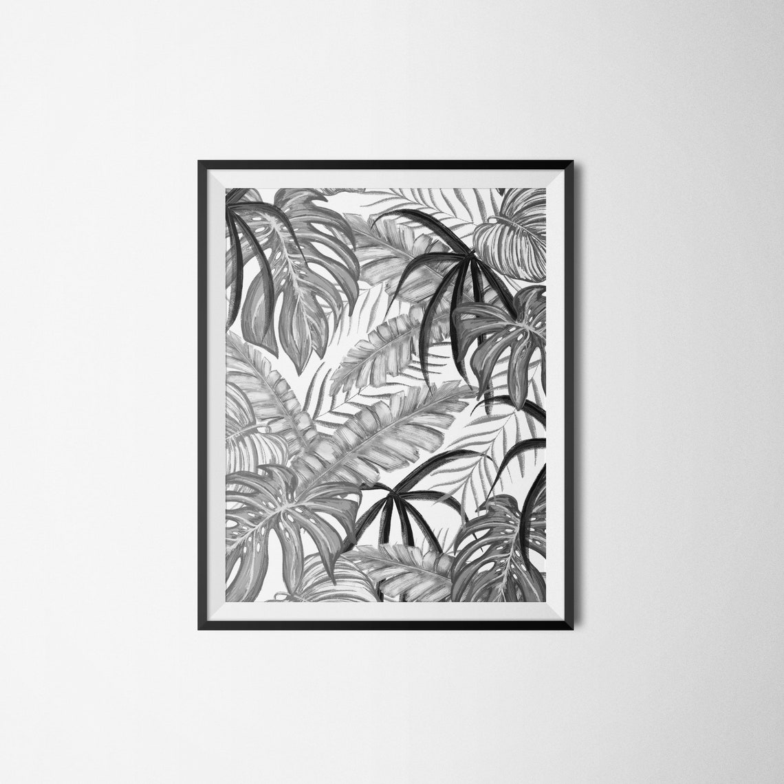 Grayscale Tropical Palm Leaves Botanical Monochrome Sketch Poster