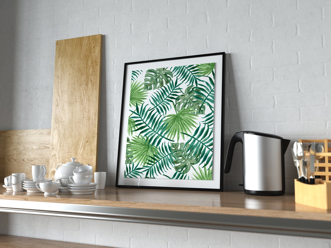 Green Watercolor Tropical Leaves Pattern Palm Monstera Art Poster