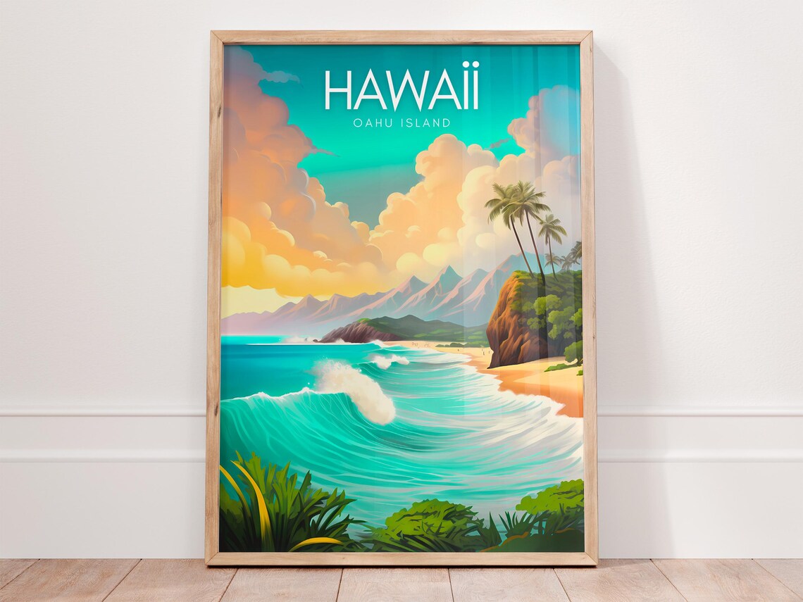 Hawaii Oahu Island Vintage Beach Surf Wave Retro Travel Poster