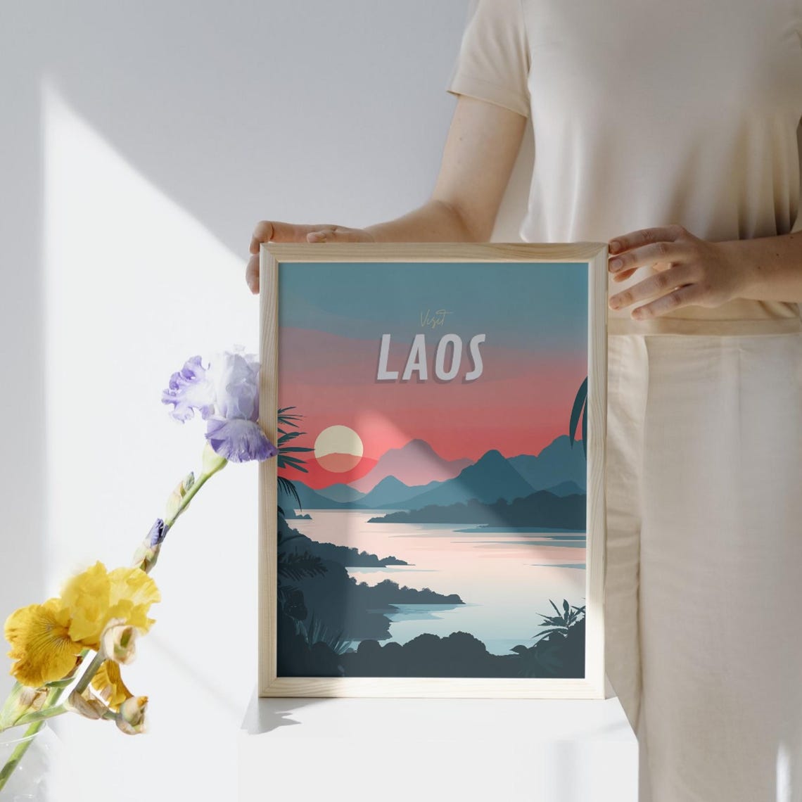 Visit Laos Sunset Mountain Lake Minimalist Travel Poster Art - Image 2