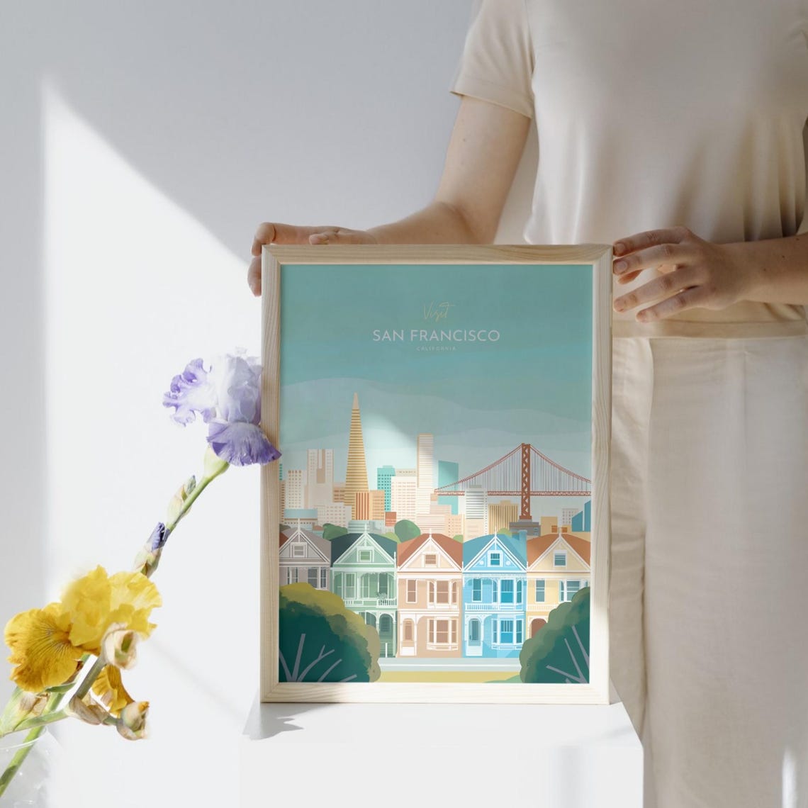 San Francisco Pastel Skyline Golden Gate Painted Ladies Poster - Image 2