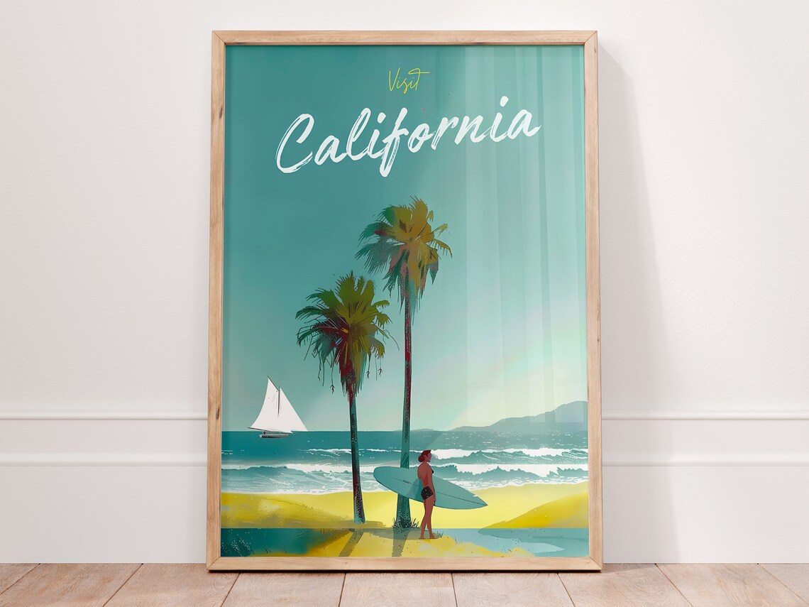 Visit California Vintage Surf Beach Palms Sailboat Travel Poster