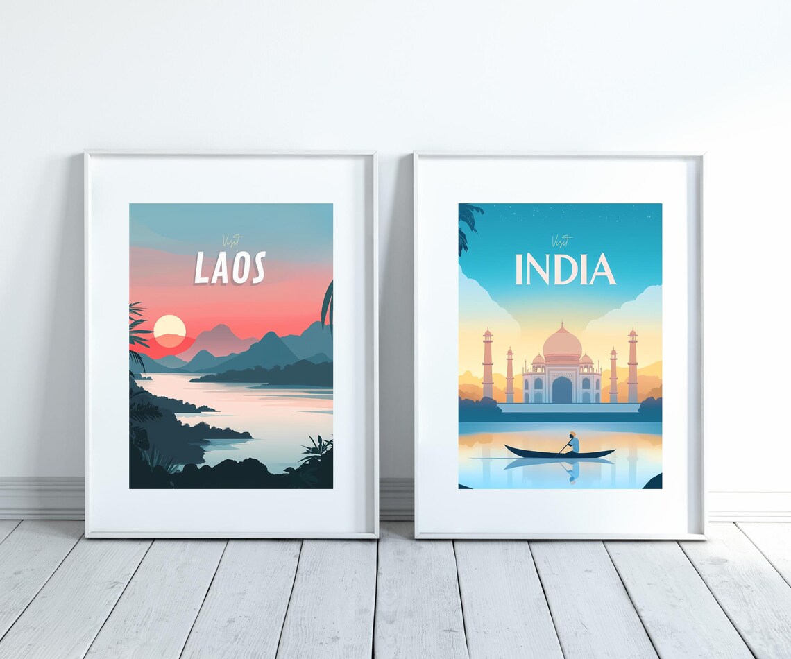 Visit Laos Sunset Mountain Lake Minimalist Travel Poster Art - Image 3