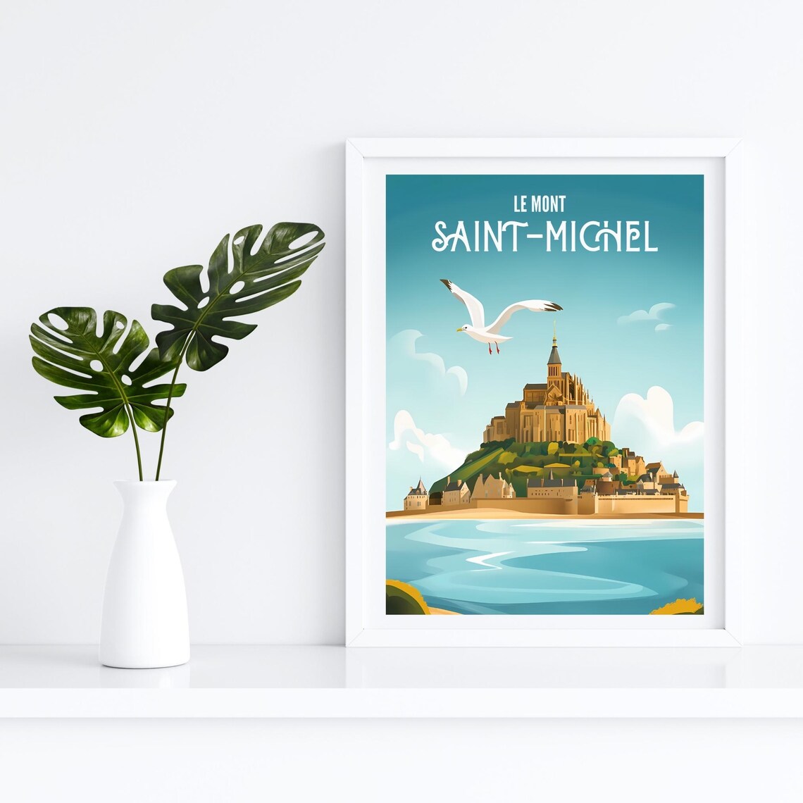 Mont Saint-Michel Seagull Above Abbey Turquoise Sky France Poster - Image 4