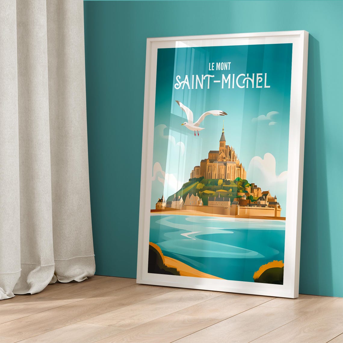 Mont Saint-Michel Seagull Above Abbey Turquoise Sky France Poster - Image 5