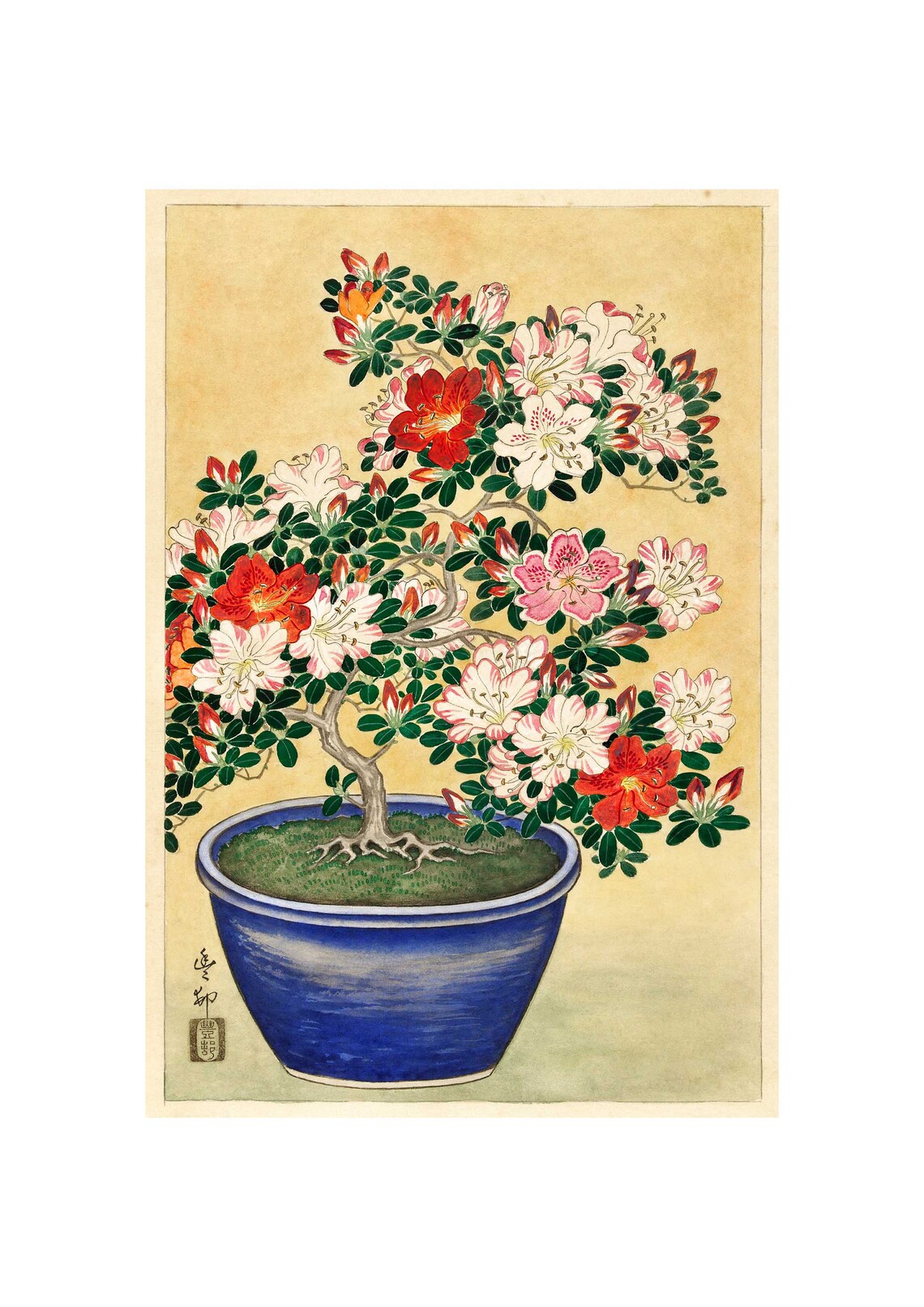 Blooming Azalea In Blue Pot By Ohara Koson