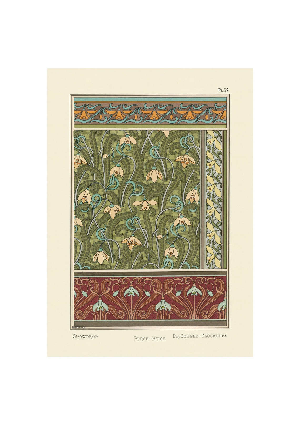 Art Nouveau Snowdrop Green Wallpaper Pattern Ornament Poster