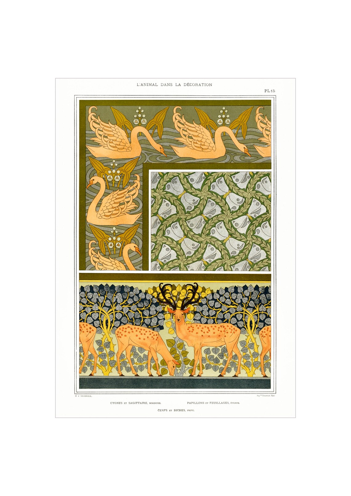 Maurice Verneuil Swans Deer Butterfly Patterns Art Nouveau Poster