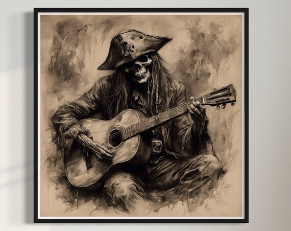 Pirate Skeleton Playing Guitar Sepia Charcoal Drawing Music Art Print