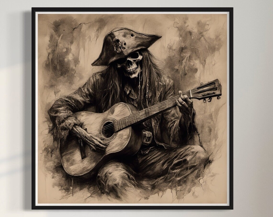 Pirate Skeleton Playing Guitar Sepia Charcoal Drawing Music Art Print